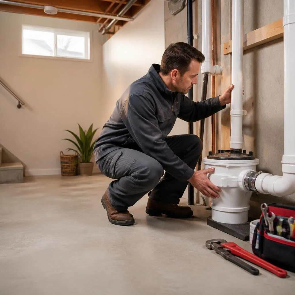 AI-generated editorial illustration of an Ottawa homeowner and plumber reviewing a backwater valve in a basement