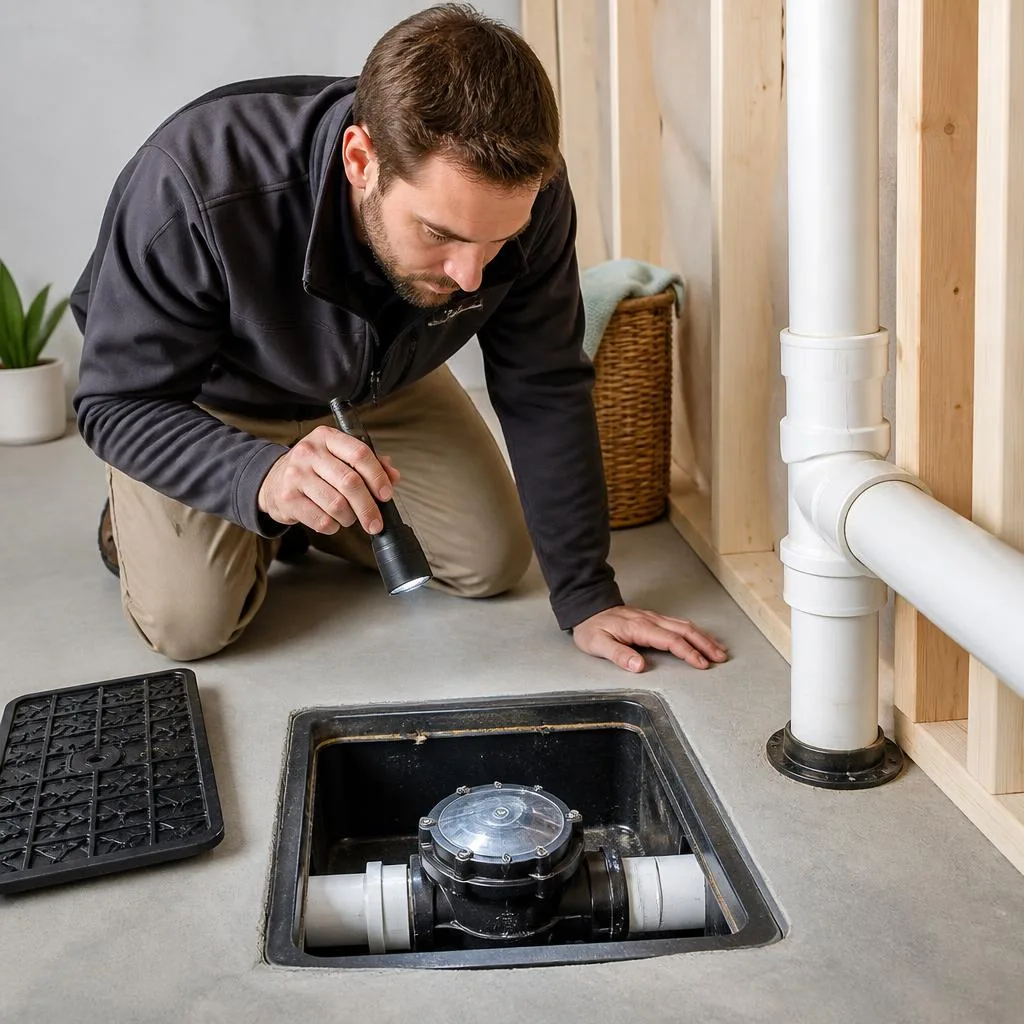AI-generated illustration of a plumber checking an accessible backwater valve in a basement