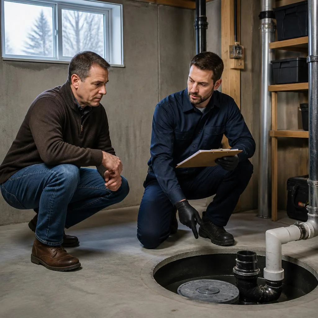 AI-generated editorial illustration of an Ottawa homeowner discussing basement flood protection with a plumber