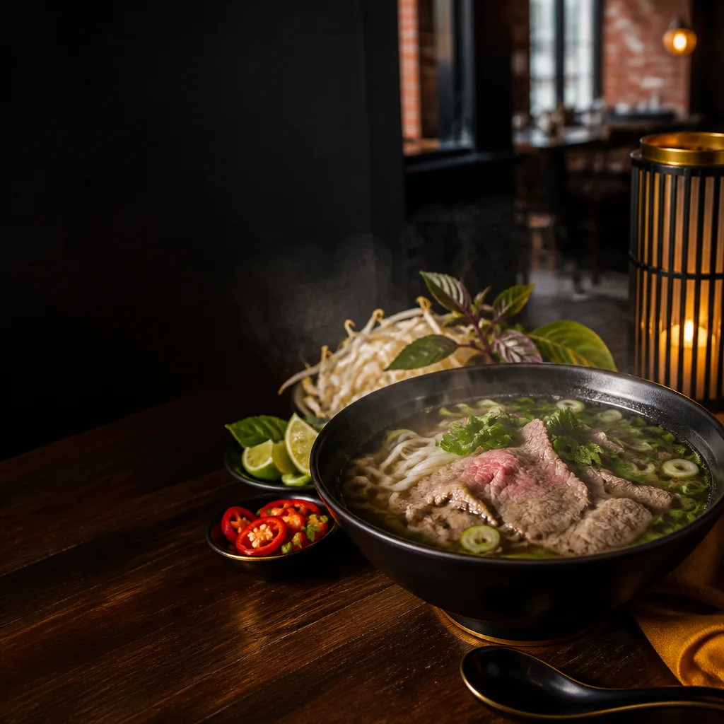 AI-generated editorial illustration of a steaming bowl of Vietnamese pho with fresh herbs
