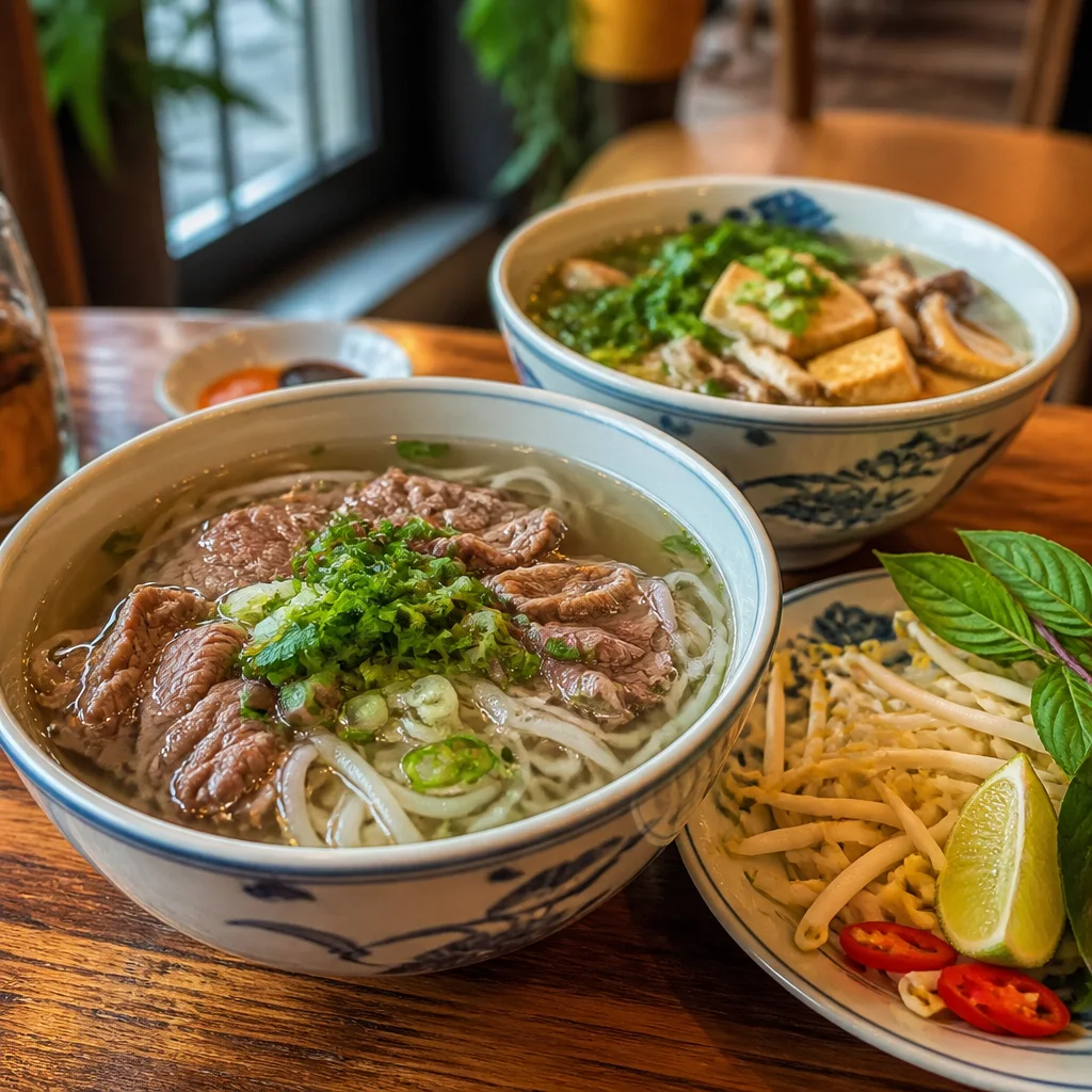 AI-generated editorial illustration of beef pho and tofu vegetable pho with herbs and lime